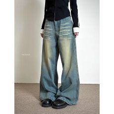 批发美式复古水洗<b class='q'>牛仔裤</b><b class='q'>男</b>女弯刀宽松阔腿直筒痞帅拖地ing拖地裤子