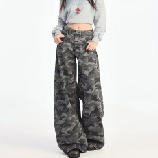 批发美式复古高街辣妹<b class='q'>迷彩</b>牛仔<b class='q'>裤</b>女2025春新款高腰宽松直筒阔腿拖地<b class='q'>裤</b>
