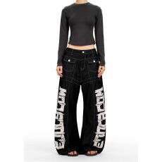 批发美式复古字母印花解构弯刀<b class='q'>牛仔裤</b><b class='q'>男</b>女潮牌拼接设计感长裤