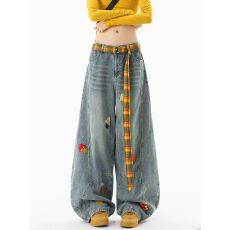 批发美式卡通毛巾绣弯刀<b class='q'>牛仔裤</b>女<b class='q'>男</b>秋季小众设计感阔腿裤baggy镰刀裤