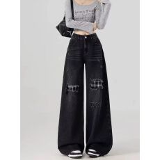 批发美式复古格纹拼接牛仔裤女2025秋<b class='q'>冬</b>新款高腰显瘦宽松假破洞阔腿裤