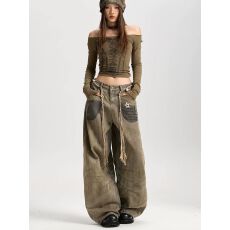 批发美式复古做旧阔腿牛仔裤女2025年秋季新款宽松直筒裤子卡其色长裤