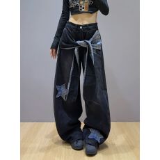 批发黑色星星贴布绑带牛仔裤女2025秋<b class='q'>冬</b>新款宽松显瘦美式阔腿裤拖地裤