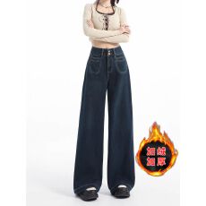 批发辣妹<b class='q'>宽松</b>复古牛仔<b class='q'>裤</b>女高腰修身显瘦加绒加厚阔腿<b class='q'>裤</b>