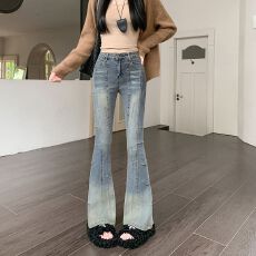 批发<b class='q'>实拍</b>实价~复古铆钉重工微喇牛仔<b class='q'>裤</b>女秋季高腰显高设计感修身长<b class='q'>裤</b>