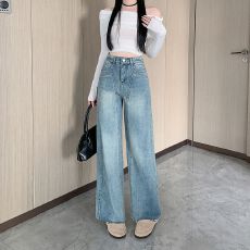 批发实拍实价~做旧毛边弯刀<b class='q'>牛仔</b>裤女秋季高腰直筒阔腿苦香蕉镰刀裤子