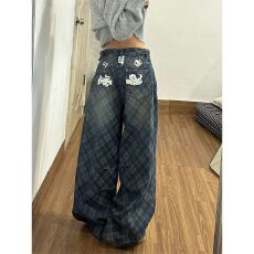 批发加绒加厚美式辣妹水洗贴布格纹弯刀<b class='q'>牛仔裤</b><b class='q'>男</b>女bf休闲百搭拖地长裤