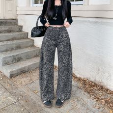 批发实拍实价~复古豹纹<b class='q'>牛仔裤</b>女秋冬新款宽松显瘦拖地裤休闲裤长裤子