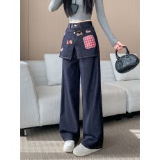 批发实拍实价~卡通刺绣假两件屁帘<b class='q'>牛仔裤</b><b class='q'>女</b>秋季新款设计感直筒阔腿<b class='q'>裤</b>