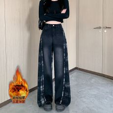 批发实拍实价~加绒加厚黑格子拼接牛仔<b class='q'>裤</b>女新款设计感<b class='q'>裤</b>子直筒阔腿<b class='q'>裤</b>
