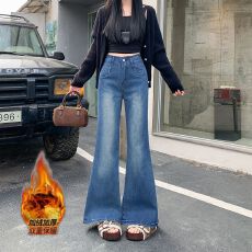 批发实拍实价~加绒加厚阔腿<b class='q'>牛仔裤</b>女新款高腰宽松显瘦设计感<b class='q'>微喇</b>裤子