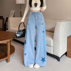 批发实拍实价~星星印花设计感牛仔<b class='q'>裤</b>女秋季美式<b class='q'>气质</b>高腰显瘦阔腿长<b class='q'>裤</b>