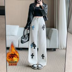 批发实拍实价~加绒加厚白色贴皮十<b class='q'>字</b>架直筒牛仔<b class='q'>裤</b>女高腰显瘦阔腿长<b class='q'>裤</b>