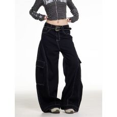 批发港风复古显瘦明线设计感<b class='q'>帅气</b>牛仔裤女宽松街头风宽松阔腿工装裤