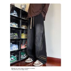 批发潮流男士束脚哈伦裤网红爆款松紧腰<b class='q'>小脚裤</b>黑色水洗做旧拼接<b class='q'>牛仔裤</b>