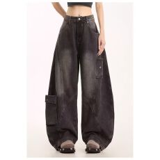 批发新款日系复古水洗做旧弯刀<b class='q'>牛仔裤</b>男<b class='q'>女生</b>宽松直筒休闲阔腿拖地裤潮