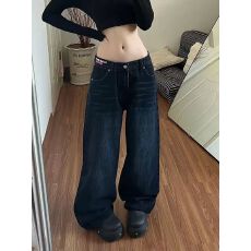 批发美式复古彩色字母标语阔腿牛仔裤<b class='q'>女</b>秋冬宽松街头休闲直筒拖地<b class='q'>长裤</b>