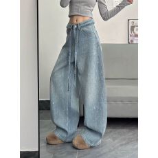 批发美式复古设计感烫钻爆闪牛仔裤<b class='q'>裤子</b>女款2025冬季宽松阔腿拖地裤