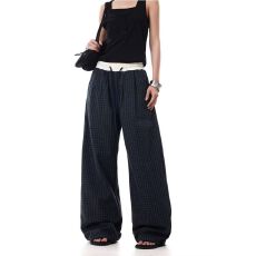 批发大码复古格子宽松阔腿裤女秋季新款胖mm显瘦遮肉高腰垂感运动裤子