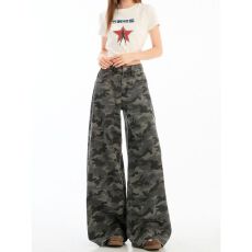 批发美式高街迷彩阔腿工装裤女2026春季宽松直筒显瘦百搭拖地牛仔长裤