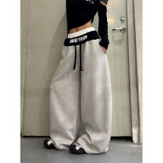 批发DoubleD美式假两件拼接双腰头字母弯刀卫裤女垂感宽松休闲阔腿裤