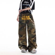批发美式复古字母印花弯刀迷彩裤女男春季宽松做旧松紧腰阔腿牛仔长裤