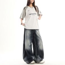 批发复古重工水洗阔腿<b class='q'>牛仔</b>裤男<b class='q'>女</b>新款做旧宽松毛边百搭休闲垂感长裤子