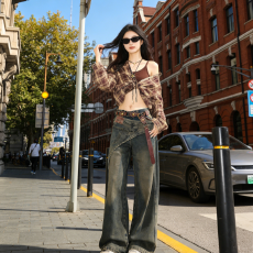 批发美式复古不规则屁帘拼接<b class='q'>牛仔</b>裤<b class='q'>女</b>春季设计感小众阔腿裤子拖地长裤