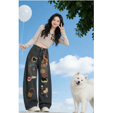 批发送挂件美式卡通毛巾绣<b class='q'>牛仔</b>裤潮牌设计感阔腿裤子宽松百搭拖地长裤