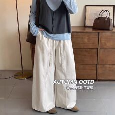 批发白色绑带松紧腰工装裤女2026年秋季新款直筒裤韩系氛围感阔腿裤