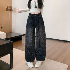 批发实拍实价~复古满天星烫钻拼接<b class='q'>牛仔裤</b>女辣妹宽松慵懒松弛感拖地裤