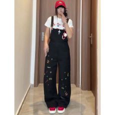 批发重工童趣刺绣黑色<b class='q'>背带裤</b><b class='q'>女</b>夏新款宽松百搭阔腿连体<b class='q'>裤</b>