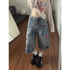 批发复古浅蓝色趣味小狗刺绣牛仔短裤女<b class='q'>夏</b>季宽松直筒通勤风阔腿七分裤