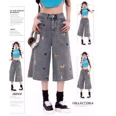 批发趣味小狗刺绣黑色牛仔七分裤女<b class='q'>夏</b>季2025年新款设计感宽松阔腿短裤