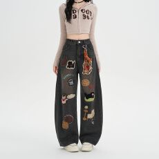 批发实拍实价~美式复古卡通毛巾刺绣弯刀<b class='q'>牛仔裤</b>女挂件设计宽松阔腿裤