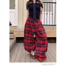 批发慵懒风红色格纹<b class='q'>休闲裤</b>男女同款美式复古街头<b class='q'>运动</b>直筒垂感阔腿长裤