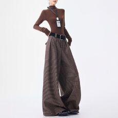 批发【实价】棉麻格子宽松阔腿裤胖<b class='q'>mm</b>休闲遮肉裙裤高腰垂感<b class='q'>长裤</b>子