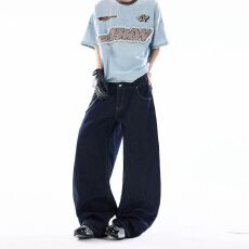 批发双腰头高级拼接设计感复古牛仔裤潮牌宽松舒适百搭潮流