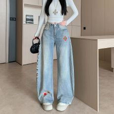 批发实拍实价~美式复古刺绣<b class='q'>钉珠</b>弯刀<b class='q'>牛仔裤</b>女设计感宽松显瘦阔腿裤子