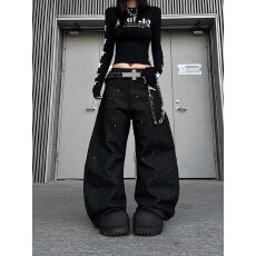 批发复古美式轻亚字母印花黑色宽松工<b class='q'>装</b>牛仔裤直筒阔腿拖地牛仔长裤子