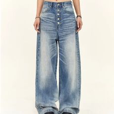 批发美式高街复古水洗高腰牛仔裤男女宽松直筒设计感阔腿裤拖地<b class='q'>长裤</b>子