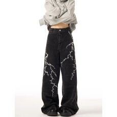 批发美式复古闪电刺绣直筒半松紧腰牛仔裤男女宽松直筒嘻哈<b class='q'>休闲裤</b>子潮