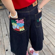 批发美式复古字母印花牛仔七分<b class='q'>裤</b>女夏季高街设计感宽松显瘦阔腿短<b class='q'>裤</b>潮
