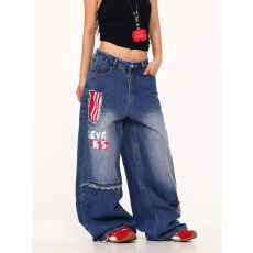 批发美式高街复古水洗刺绣破洞<b class='q'>牛仔裤</b><b class='q'>男</b>女宽松设计感时髦阔腿长裤潮牌