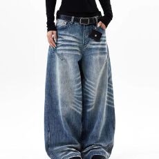 批发美式复古设计感褶皱<b class='q'>牛仔裤</b><b class='q'>男</b>女潮牌高级感小众宽松显瘦休闲阔腿裤