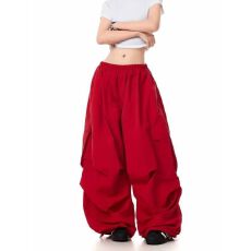 批发美式复古褶皱垂感红色伞兵<b class='q'>裤</b>男女慵懒风拖地宽松休闲情侣阔腿<b class='q'>裤</b><b class='q'>潮</b>