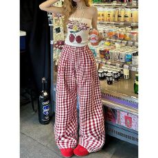 批发<b class='q'>韩版</b>红色格子<b class='q'>裤</b>子女2026年春季新款撞色休闲<b class='q'>裤</b>显瘦宽松直筒阔腿<b class='q'>裤</b>