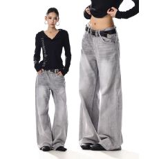 批发美式复古高街灰色牛仔<b class='q'>裤</b>男女设计感小众宽松<b class='q'>显瘦</b>百搭直筒阔腿<b class='q'>裤</b>子