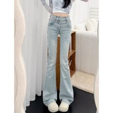 批发春夏美式高街复古大码胖mm百搭显瘦气质<b class='q'>牛仔裤</b>女修身<b class='q'>弹力</b>微喇裤韩