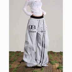 批发春秋美式双腰头字母印花弯刀阔腿慵懒风百搭男女街头休闲长裤